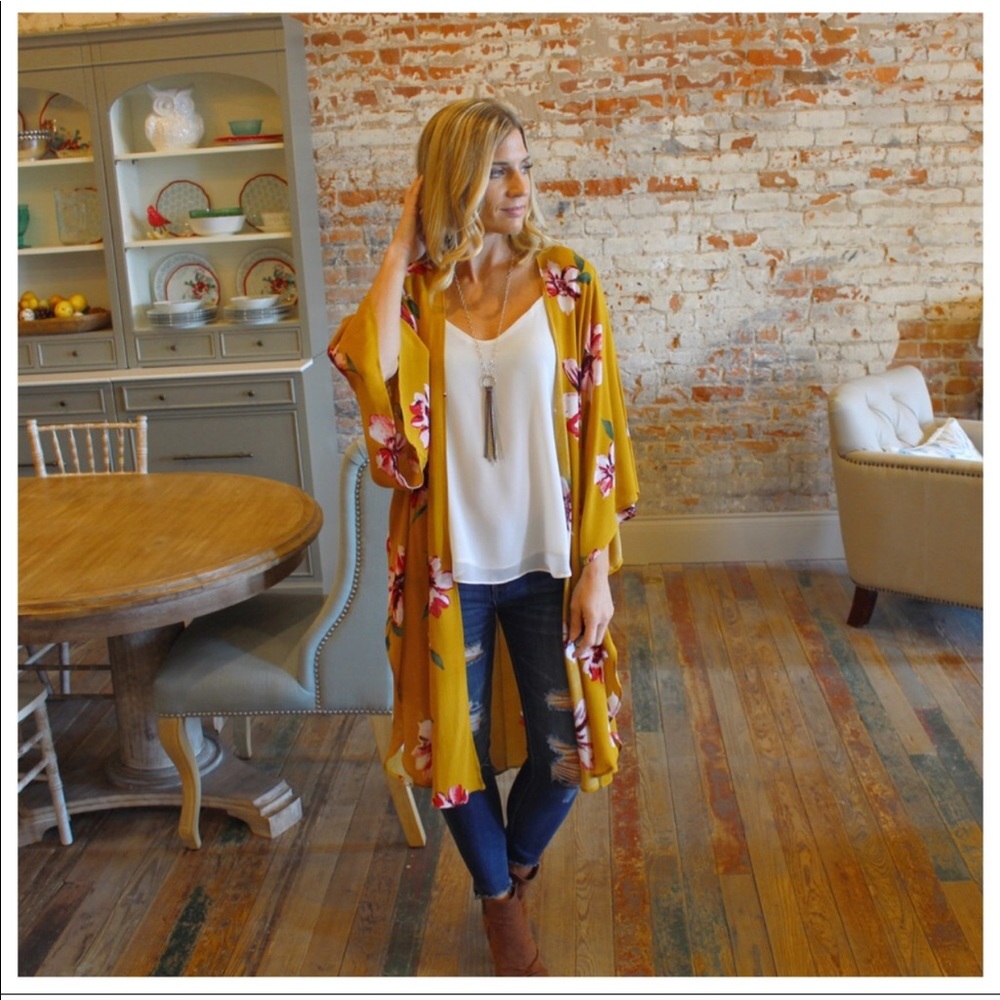 Fall Mustard Floral Open Cardigan - Picture 2 of 4