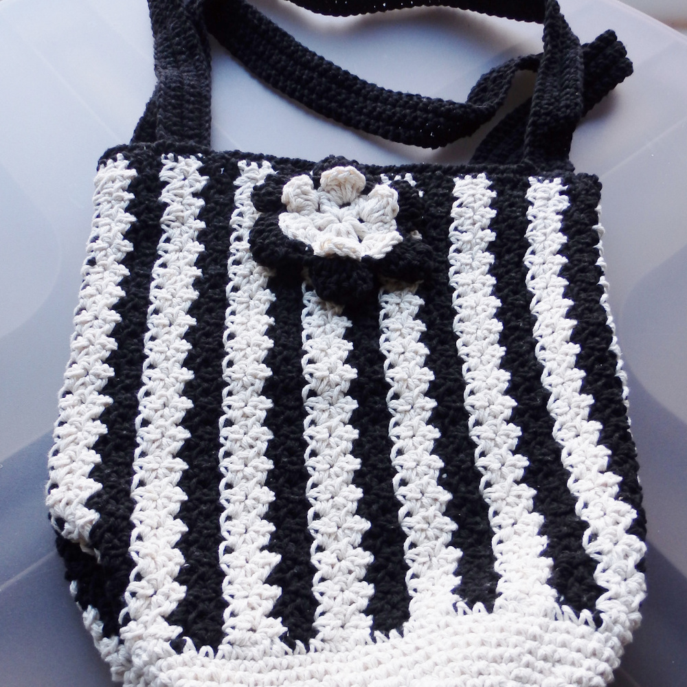 Handmade Crocheted Black & White Tote w/Flower