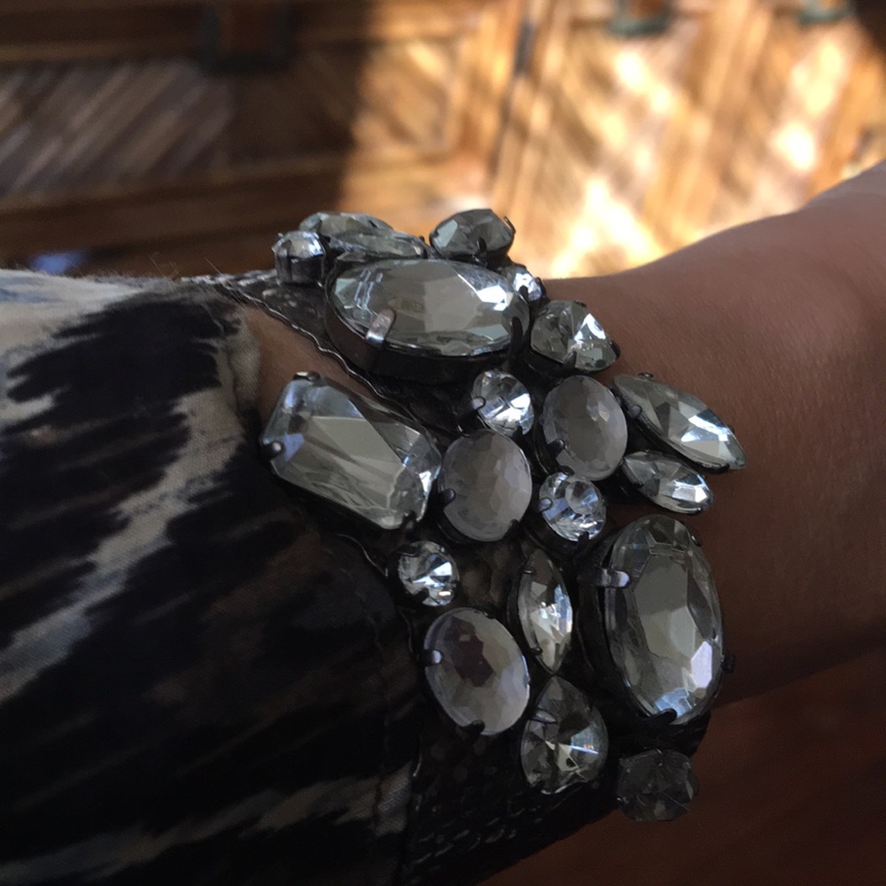 Rhinestone silver hammered cuff bracelet