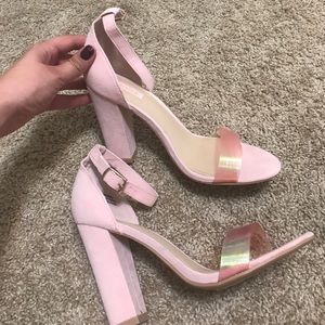 Pink faux suede heels with iridescent strap