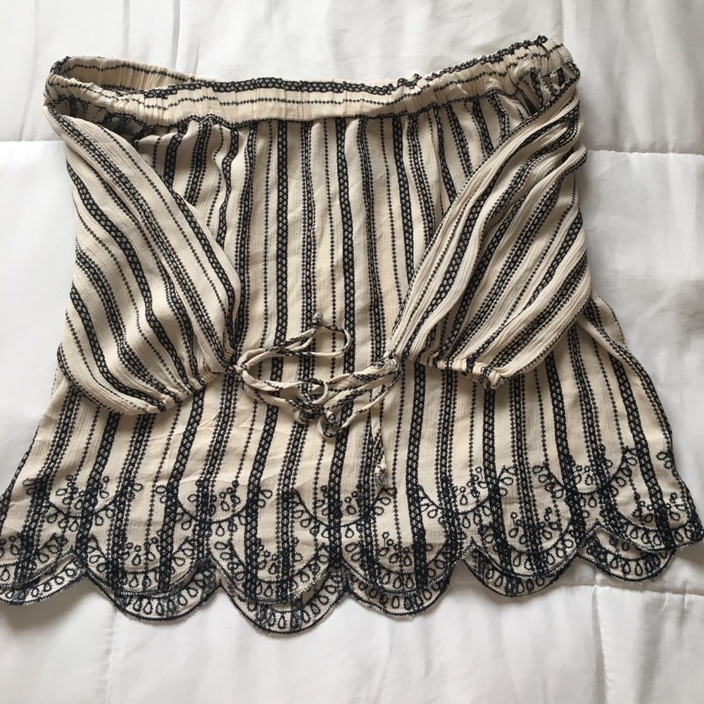 Blue and Creme Off Shoulder Shirt