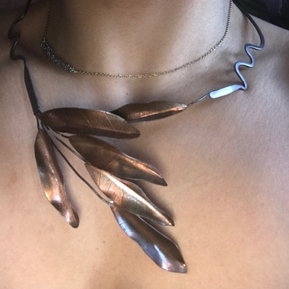handmade sculpted copper leaf choker necklace