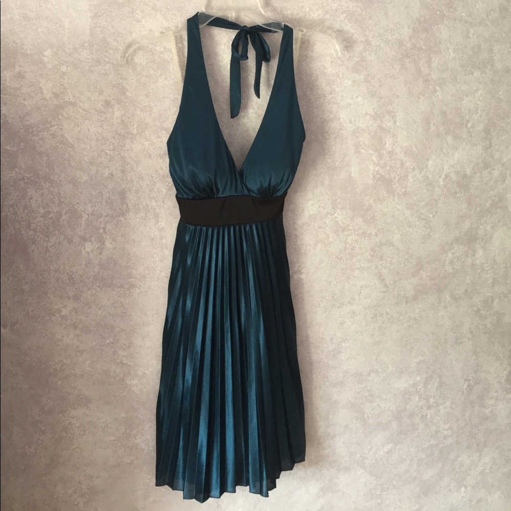 Silky pleated teal halter neck dress