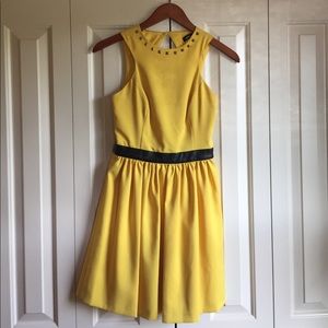 Yellow Dress / Leather Waist / Studded Neckline