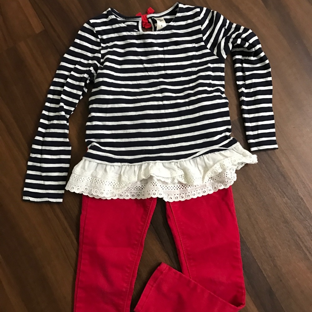 OshKosh top with red skinny jeans