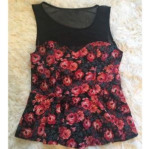 Xhilaration red floral peplum top mesh neckline