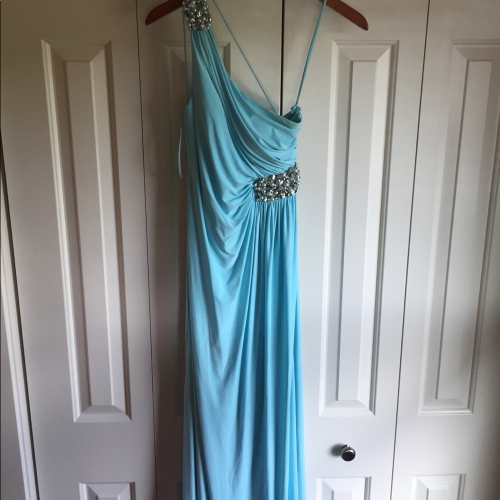 Light blue evening gown with pearl beading