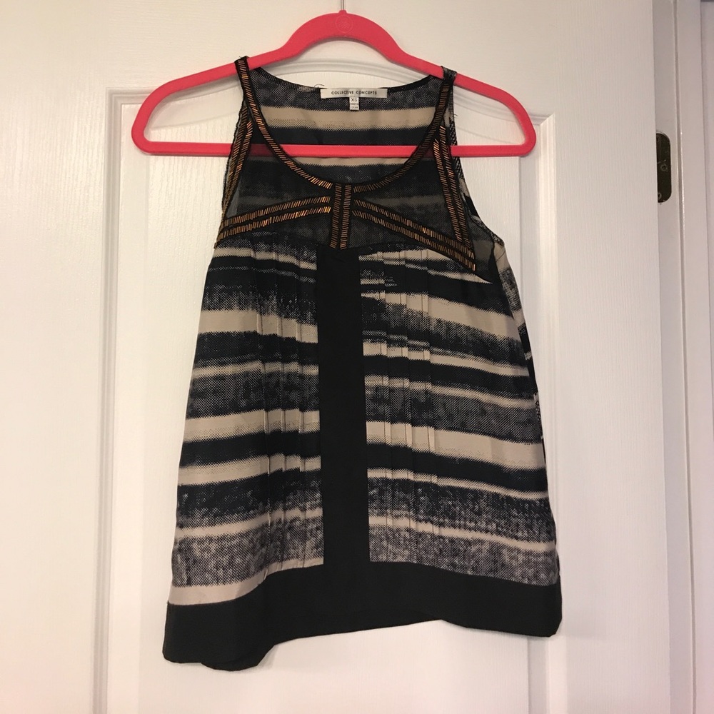 Black and Tan tank top with gunmetal beads/sheer