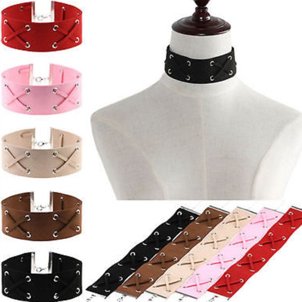 5 for $25 - Lace Up Leather Choker - 3 Colors