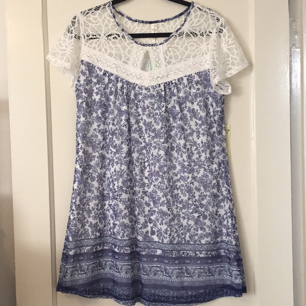 White lace and blue floral print dress