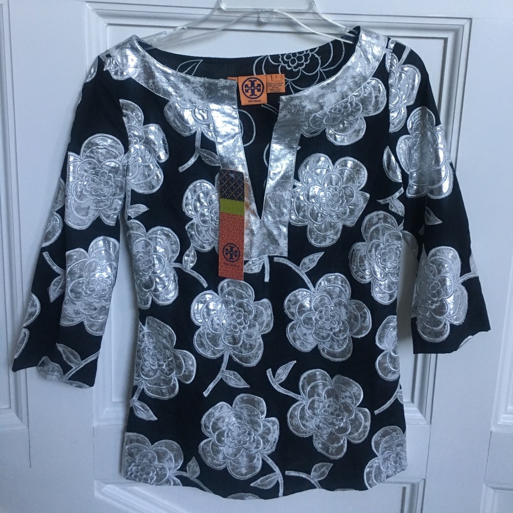 Tory Burch Rochelle Top in Black and Silver