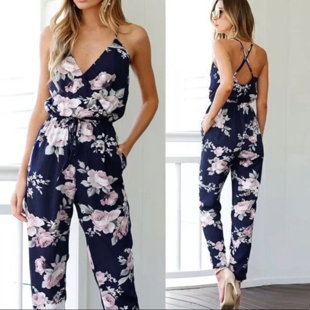 Navy Floral jumpsuit / trouser pants romper