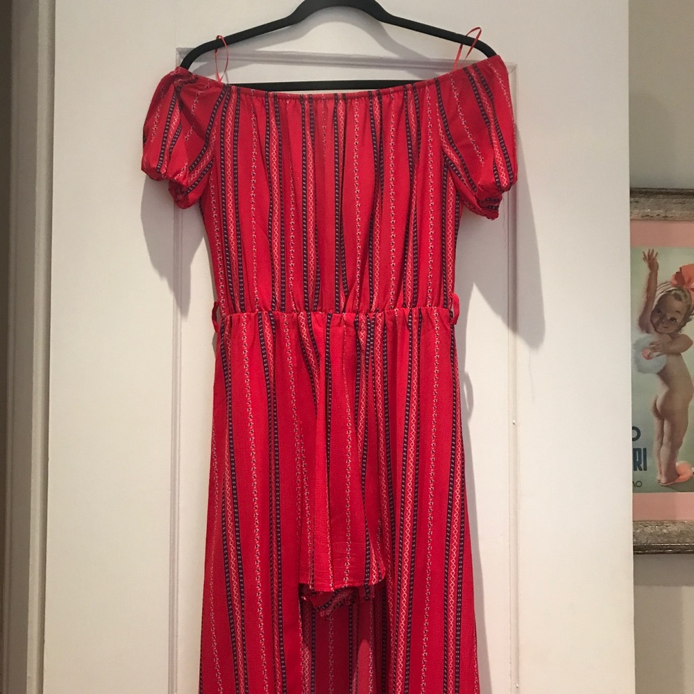 Off the shoulder open romper style maxi