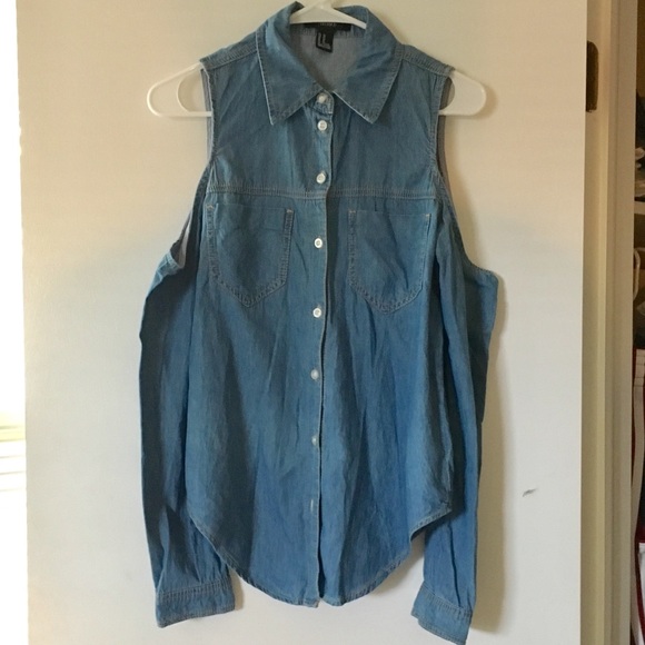 ‼️Sold‼️Forever 21 Cold Shoulder Denim Shirt - Picture 1 of 5
