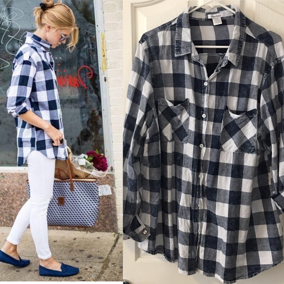 Tops - Buffalo Plaid Navy and White Button Down