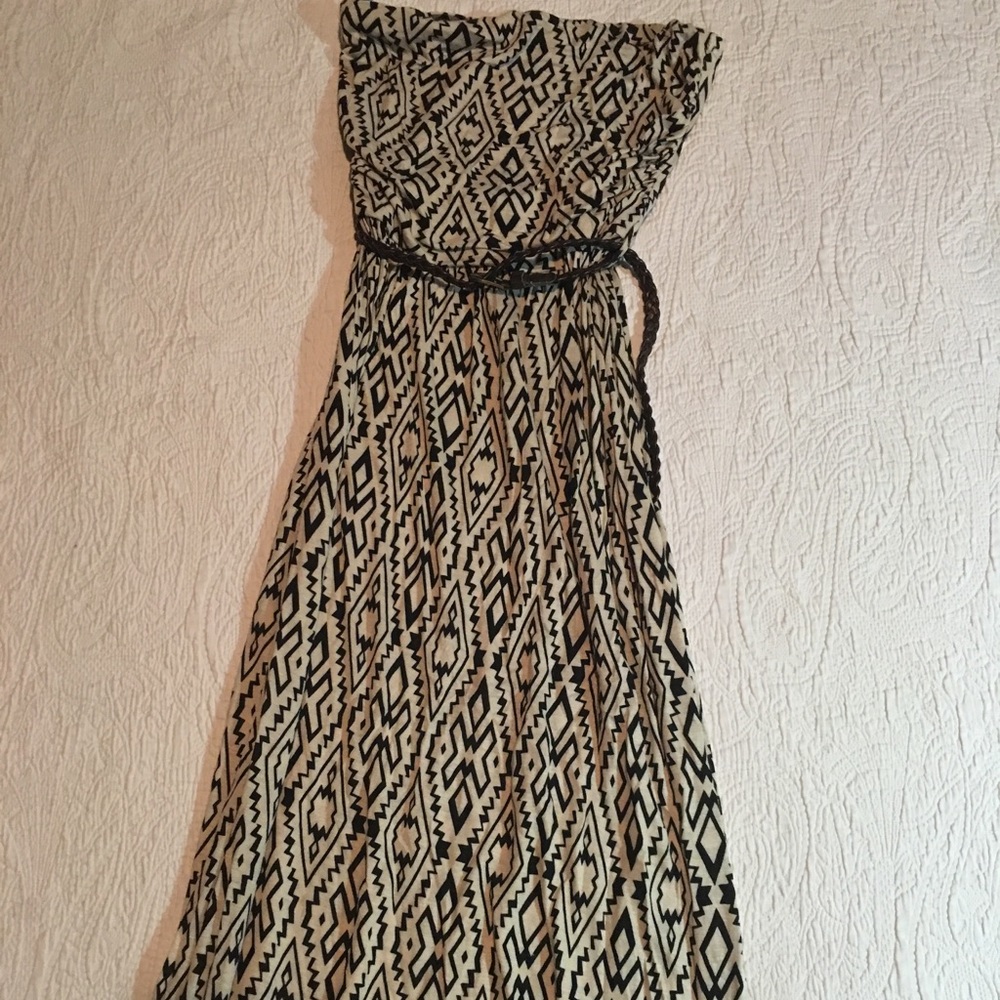 Belted strapless maxi dress