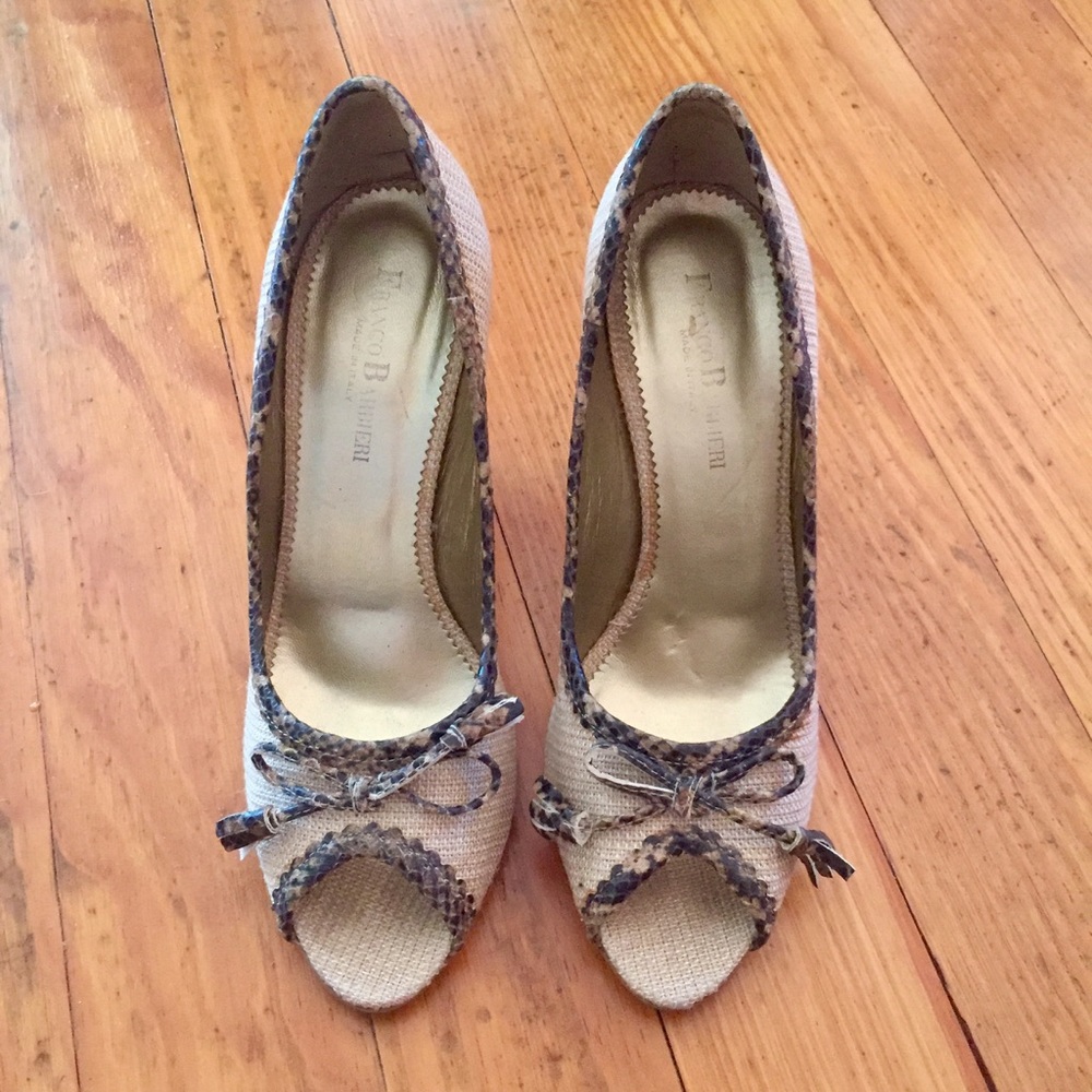 Tan/Brown Woven & Snakeskin Peep Toe Heels, Sz 9M