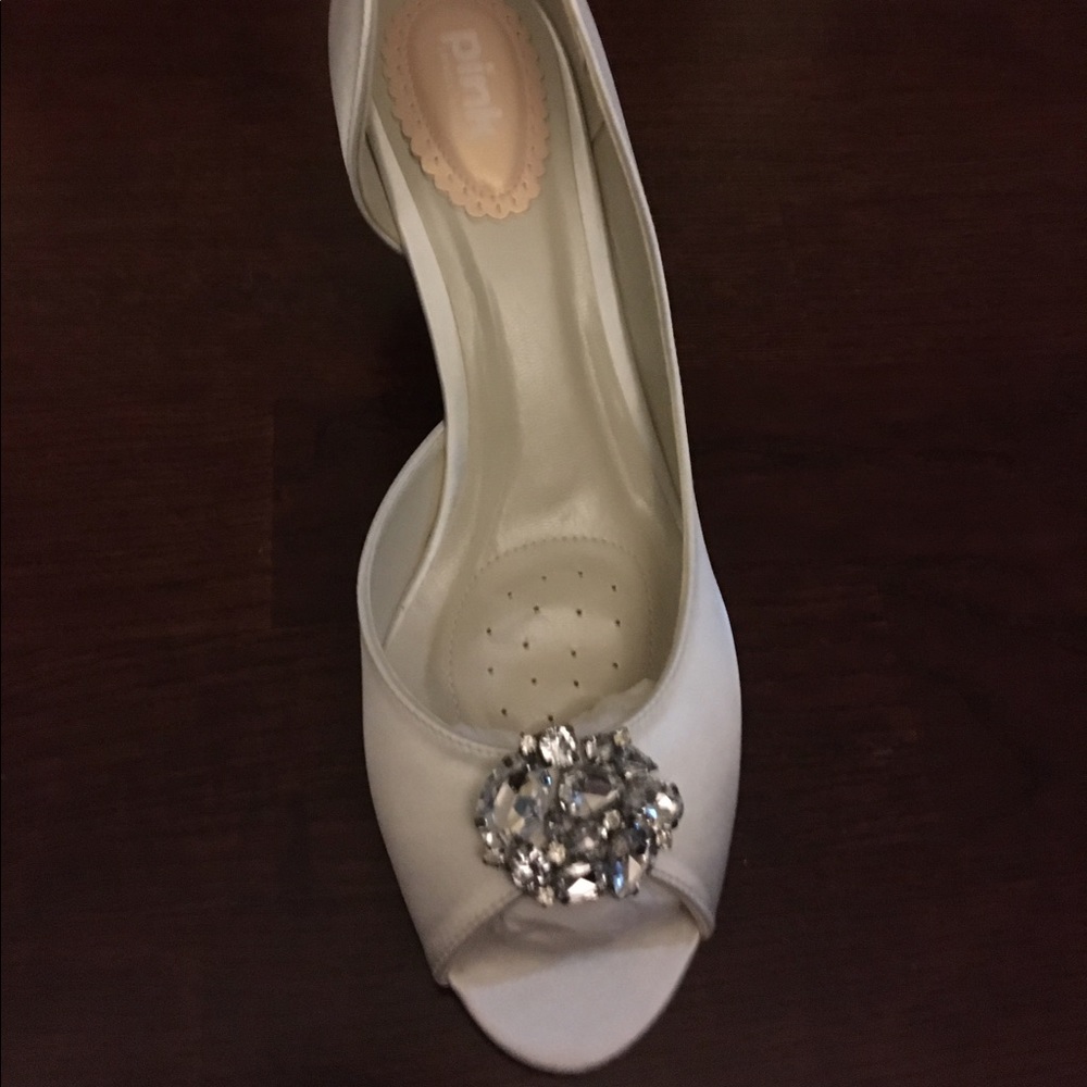 Pink Paradox London, Low heel peep toe white satin