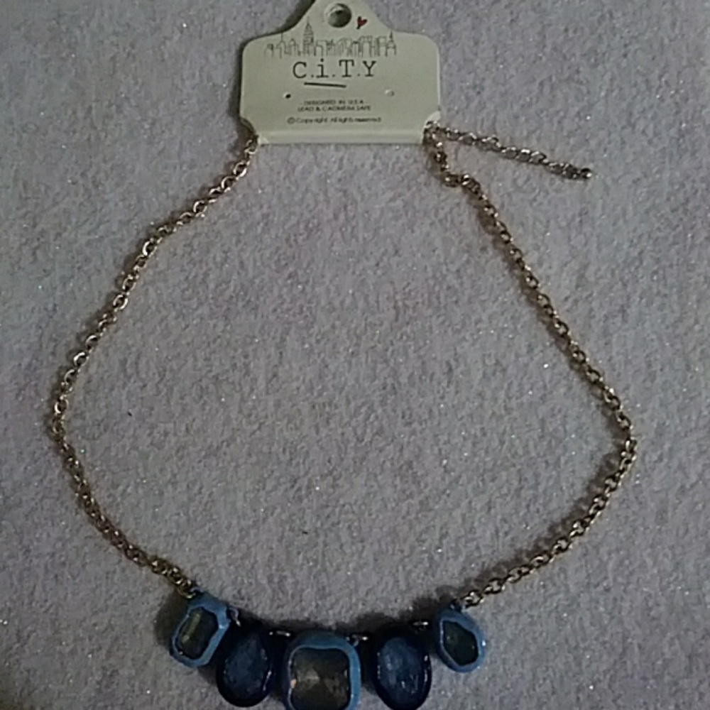 Gold necklace w hanging blue charms
