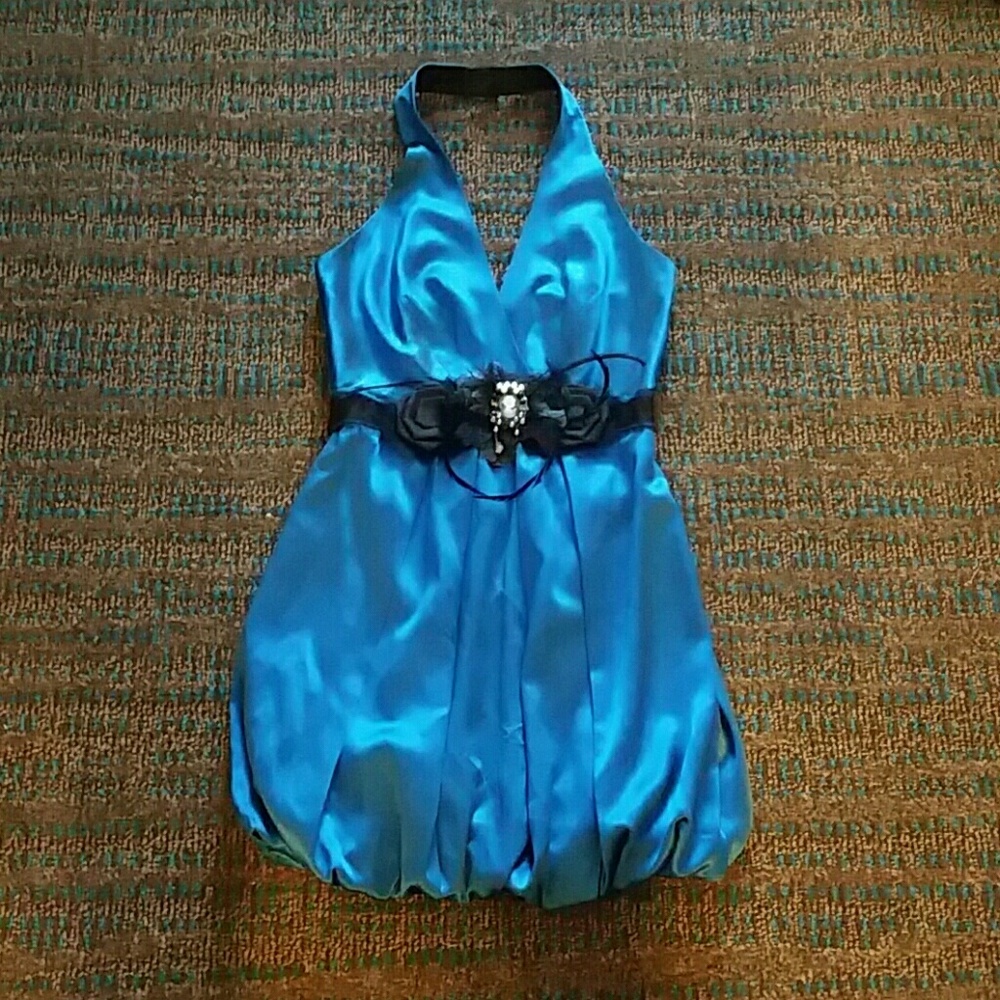 Blue Silk Halter Cameo Cocktail Dress