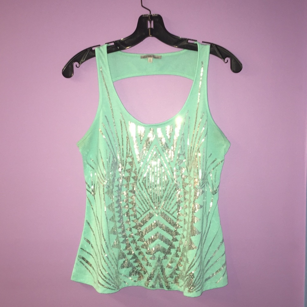 Pretty Aqua Sequined Cut Out Back Tank Top