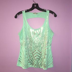 Pretty Aqua Sequined Cut Out Back Tank Top