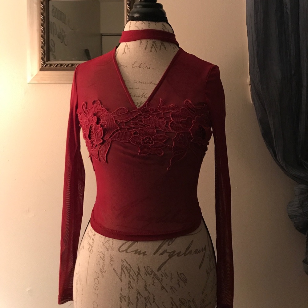 Maroon colored sheer shirt with choker and Lace