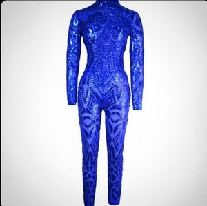 Blue Sequin Jumpsuit Romper Dress Bodycon