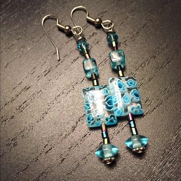 Ladies Handmade Blue Dangle Earrings - Picture 2 of 4