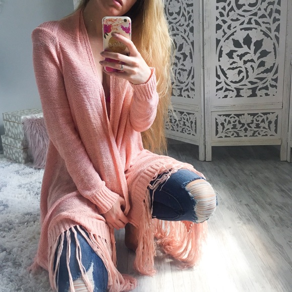 Sweaters - Pink Fringe Cardigan