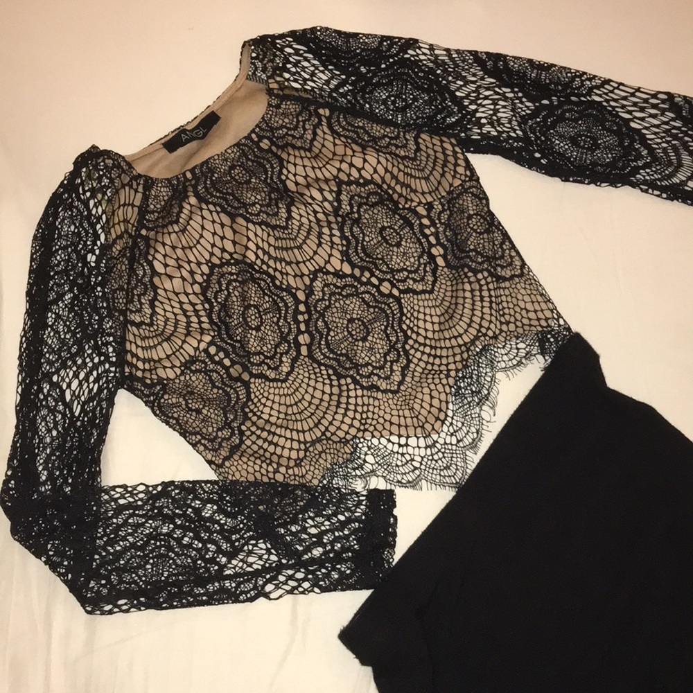ANGL eyelash lace crop top with sleeves