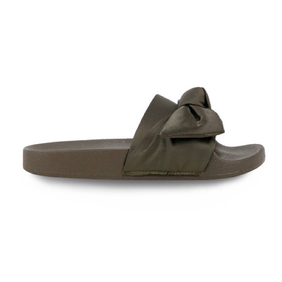 LADIES WIDE BAND OLIVE FRONT BOW COMFY SLIDES - Picture 5 of 8