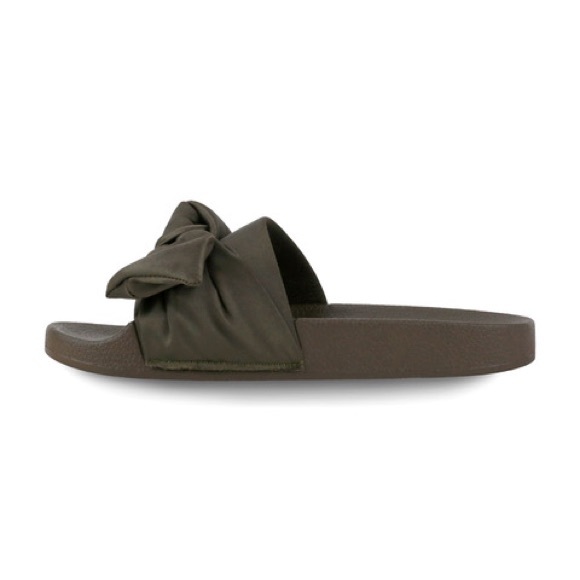 LADIES WIDE BAND OLIVE FRONT BOW COMFY SLIDES - Picture 7 of 8