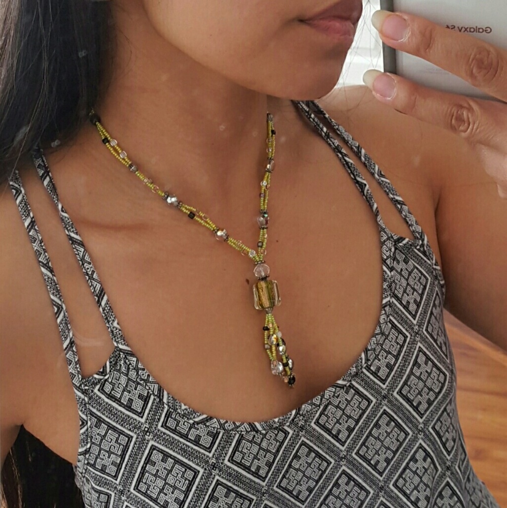 💗FAV! Hand beaded necklace tassel green