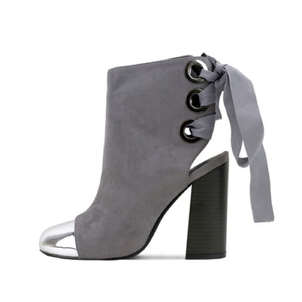 Ladies chunky heels backless lace up booties. Grey - Picture 3 of 4