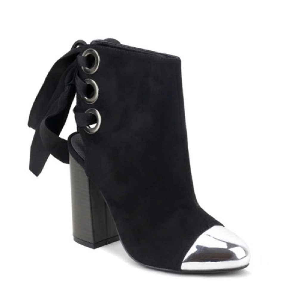 Ladies chunky heels backless lace up booties. Grey - Picture 4 of 4