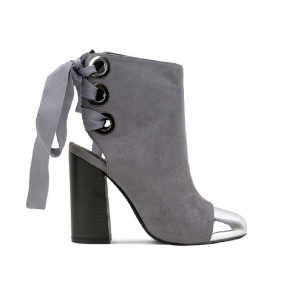 Ladies chunky heels backless lace up booties. Grey - Picture 2 of 4