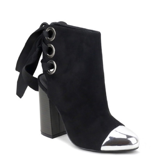 Ladies chunky heels backless lace up booties. Grey - Picture 4 of 4