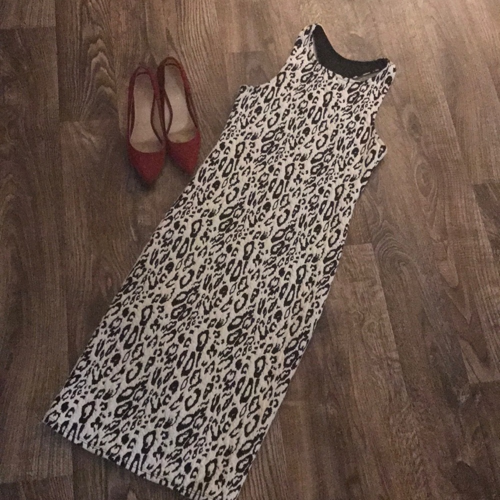White/Black Leopard Midi Dress