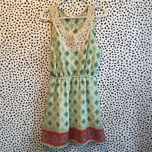 Woven Sleeveless Dress with Cream Lace Top