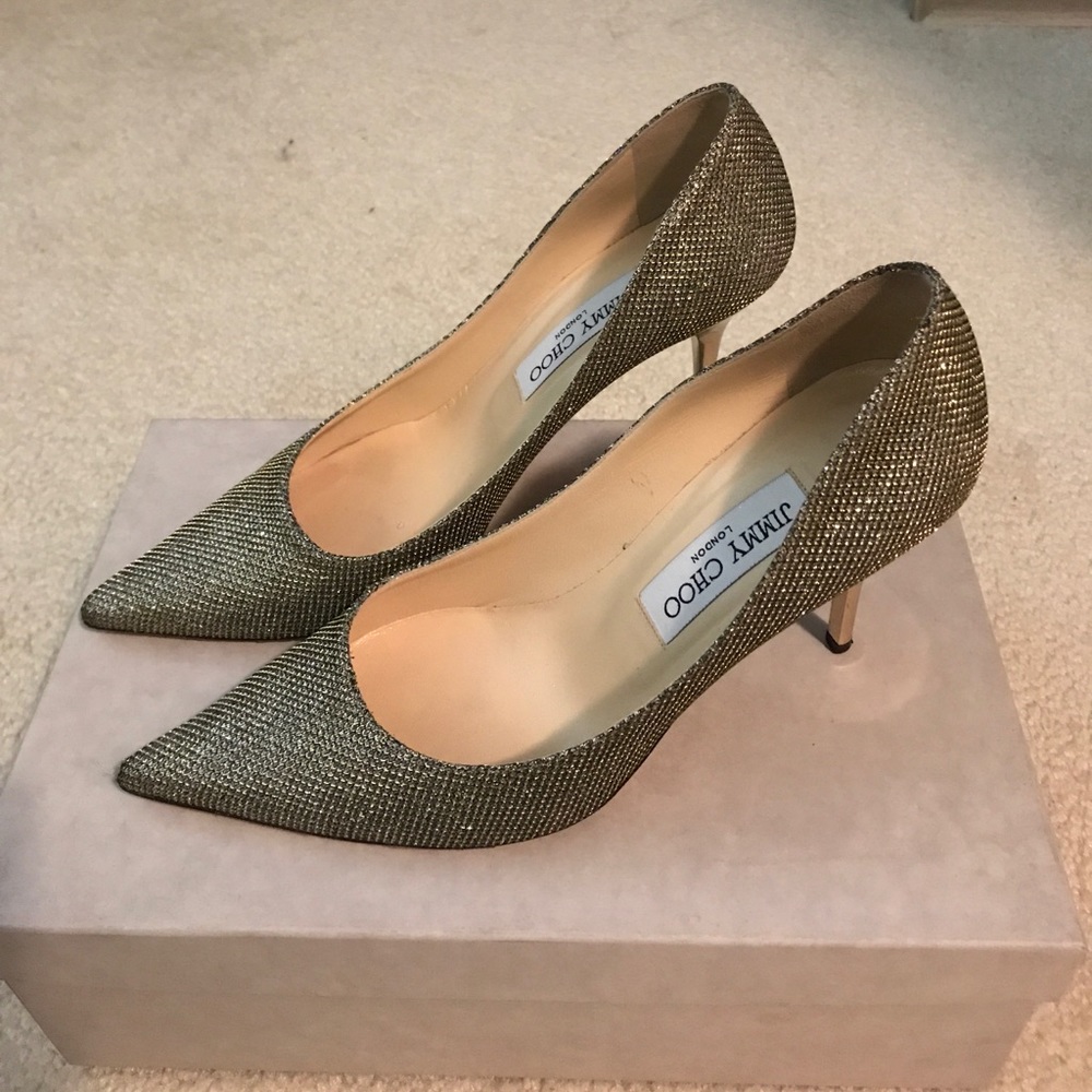 Jimmy Choo Abel glitter gold pointed toe pumps