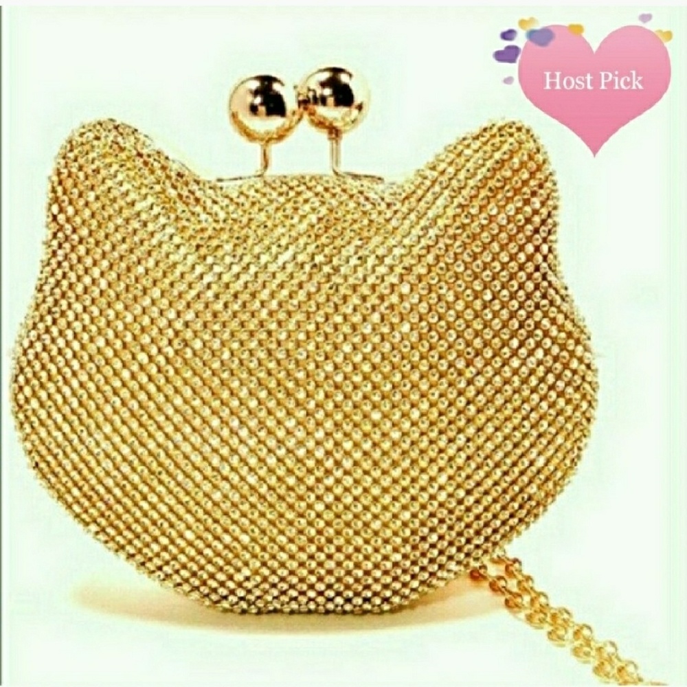 Rhinestone cat clutch in gold