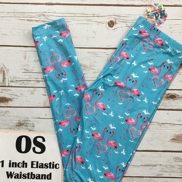 Flamingo Hearts OS Blue Pink Leggings NWT - Picture 1 of 4
