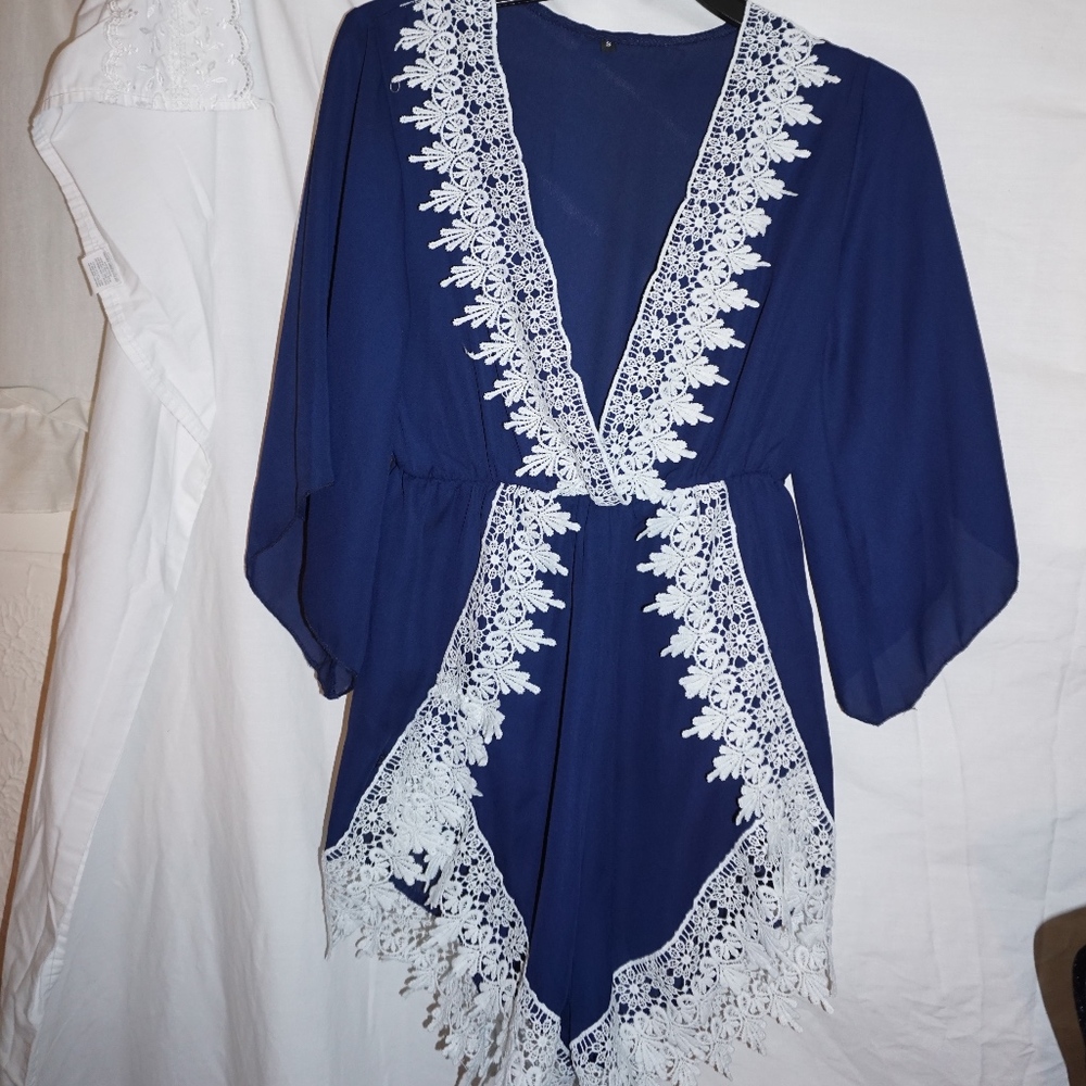 BLUE AND WHITE LACE ROMPER