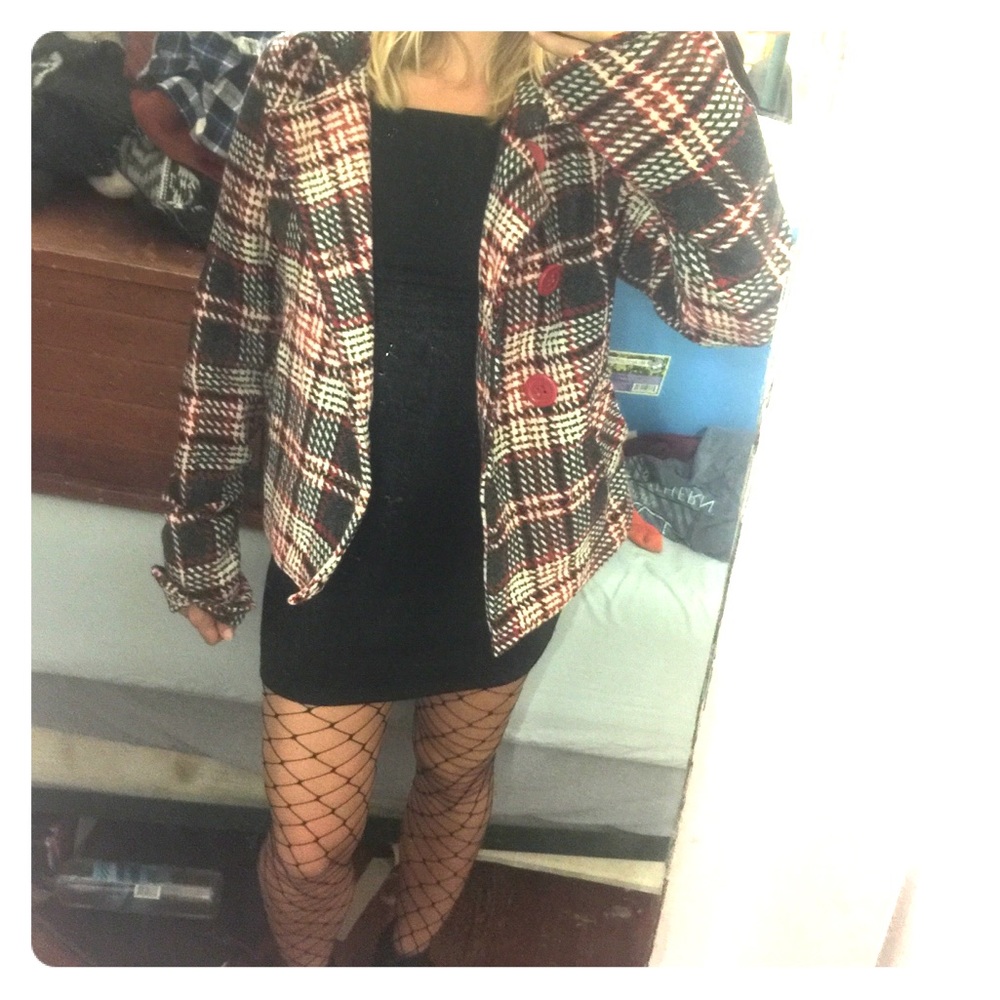 Black and red plaid peacoat