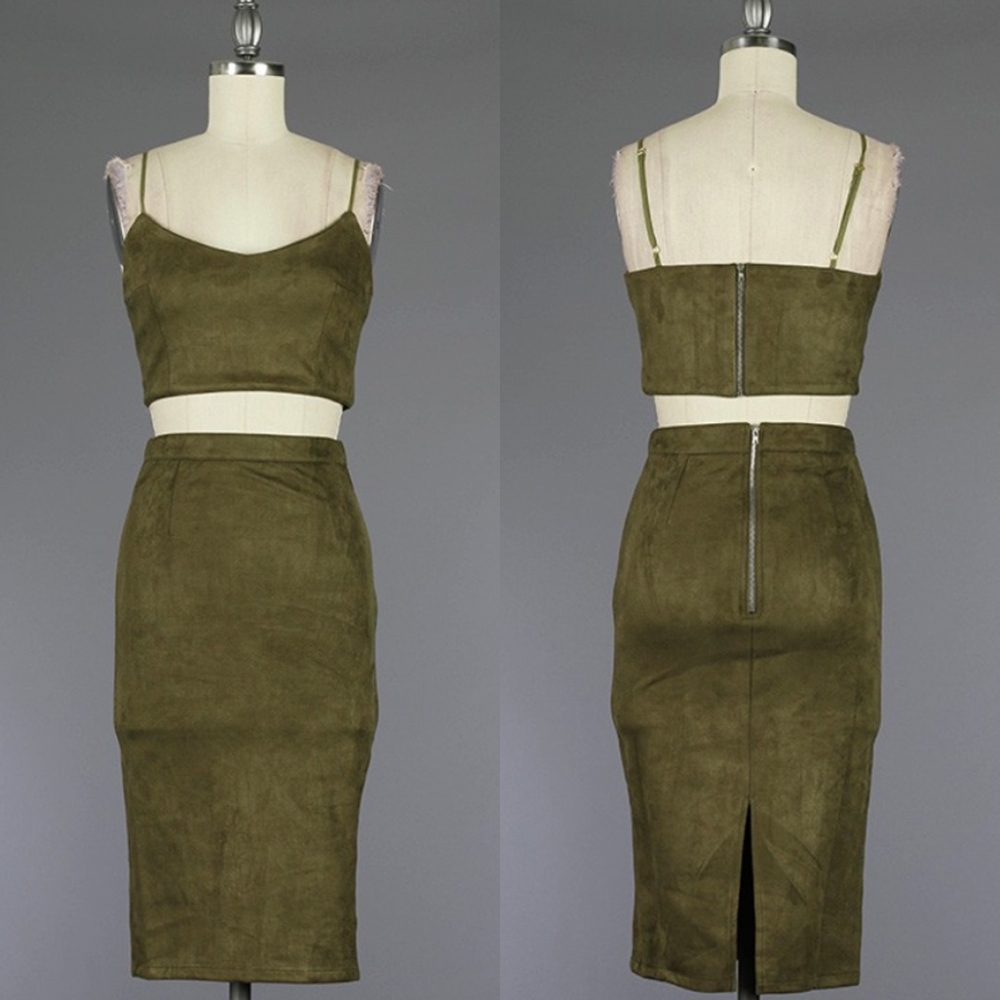 ::SALE:: Olive Suede Crop Top & Pencil Skirt Set