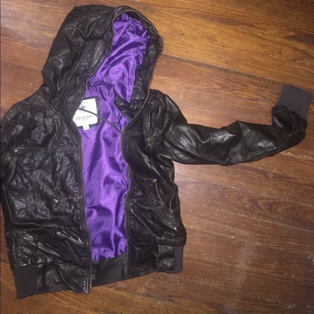 Dark brown faux leather jacket.