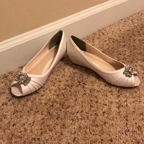 Satin Peep-Toe Wedges with Crystal Ornament - Picture 1 of 6