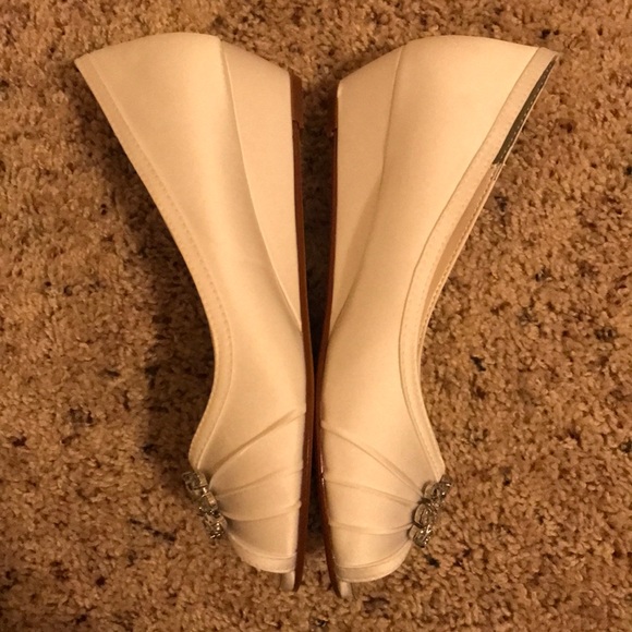 Satin Peep-Toe Wedges with Crystal Ornament - Picture 5 of 6