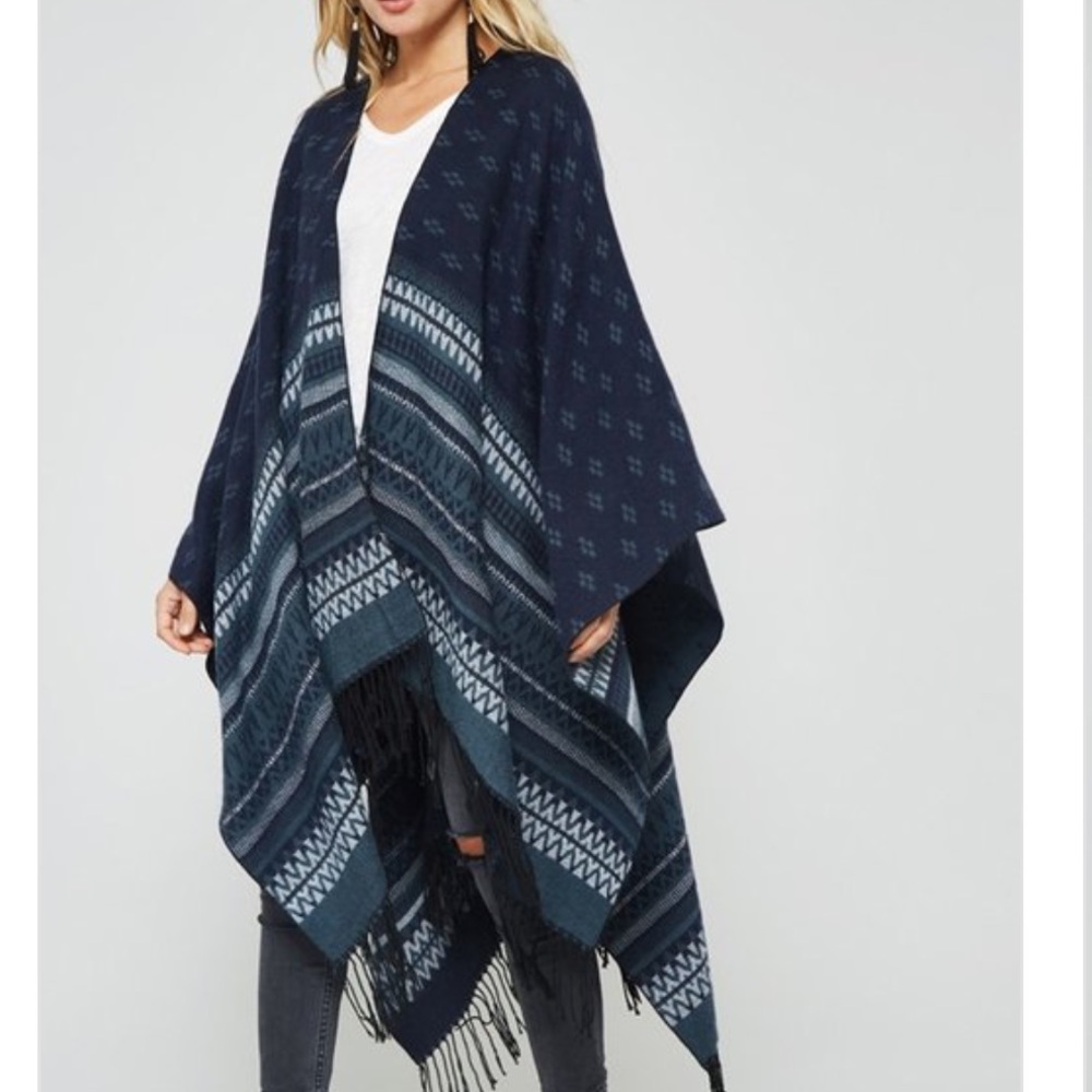 Reversible Navy Geometric Print Poncho